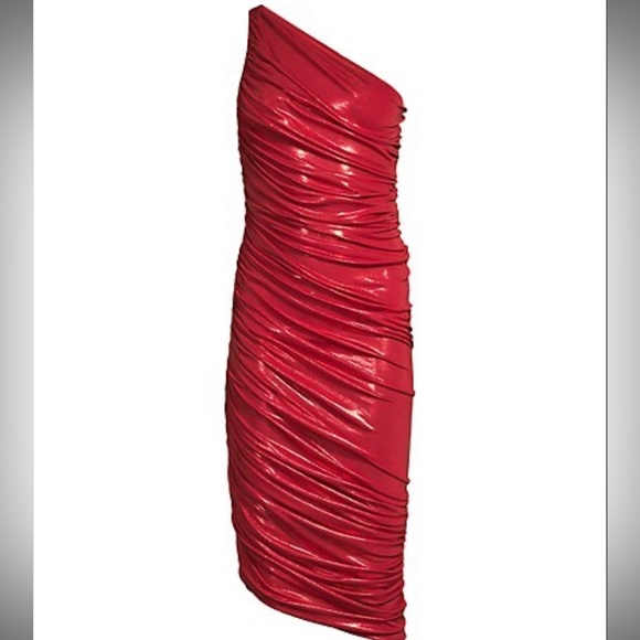 Norma kamali diana dress knee metallic red lame one shoulder NWT XXS - Picture 2 of 9